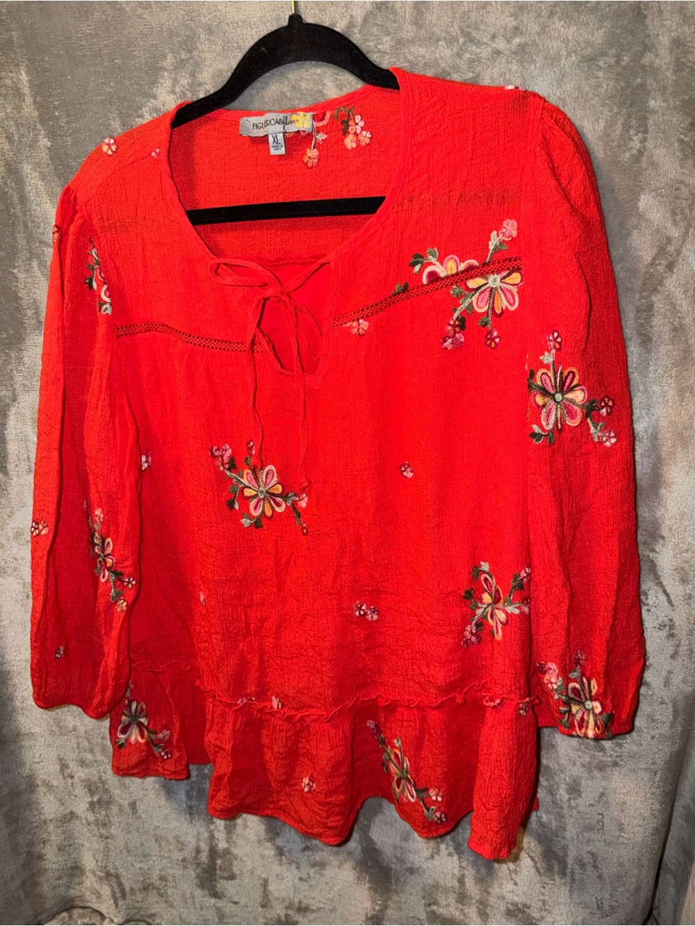 Red Embroidered Tie-Neck Peasant Tunic